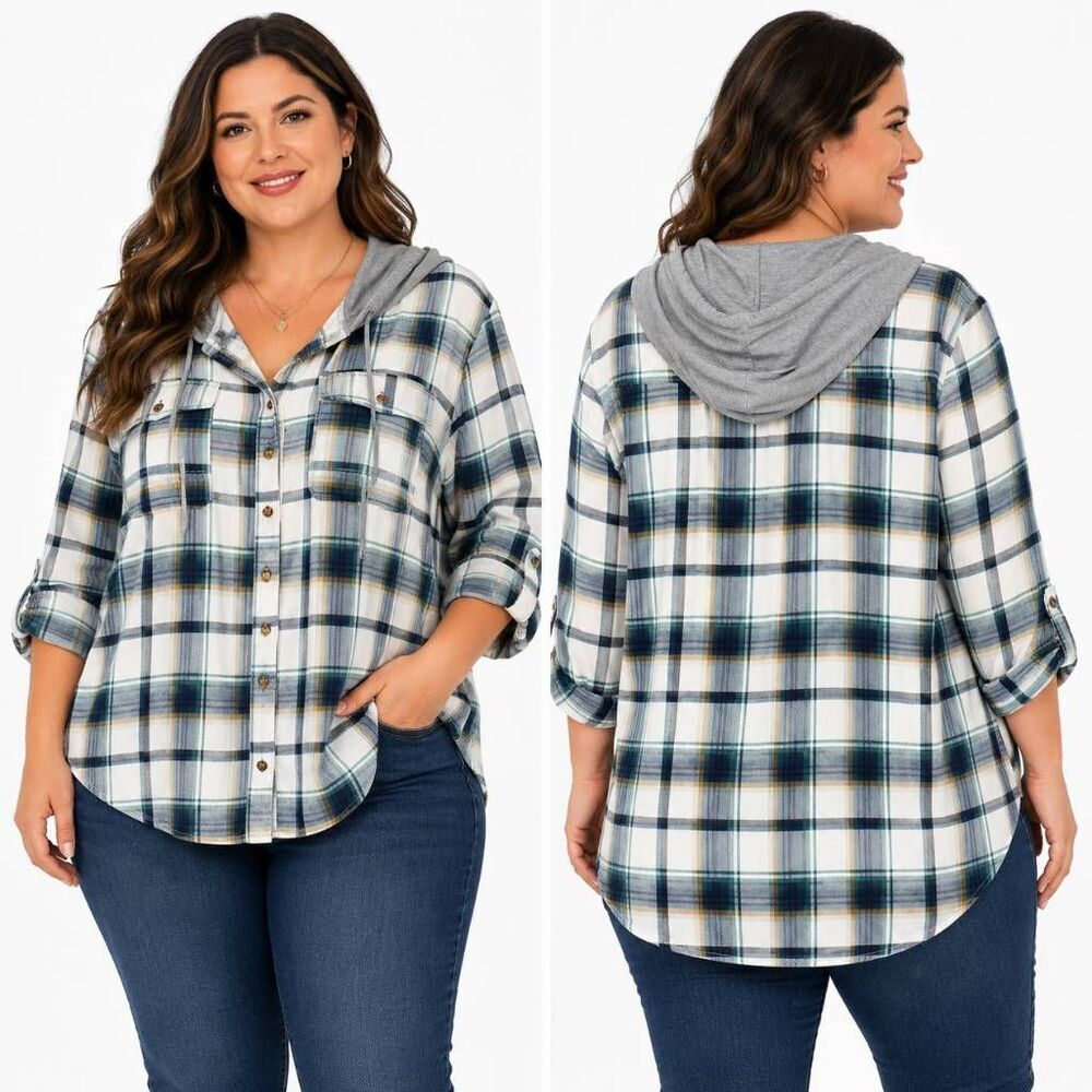 Daytrip Plaid Hooded Button Shirt Women 2X